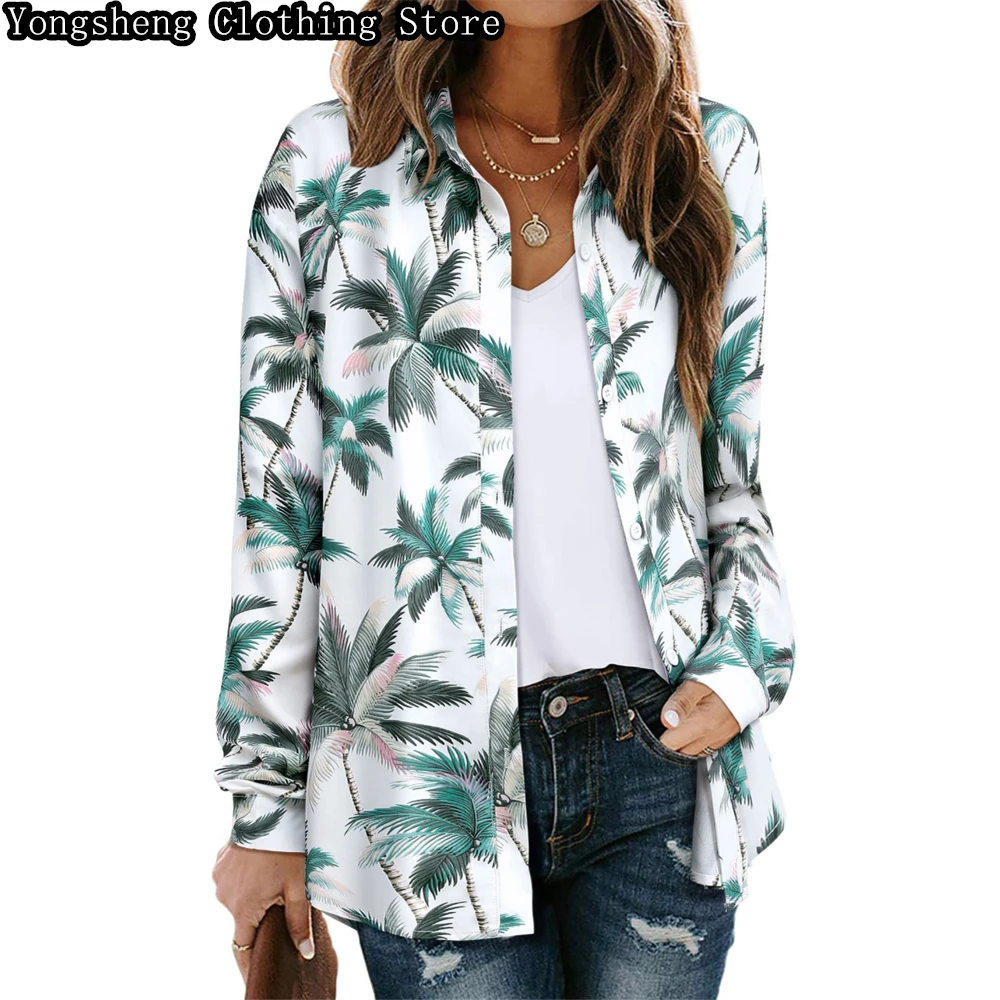 Women\'s long-sleeved ice silk printed shirt European new hot selling Hawaiian vacation slim casual clothing