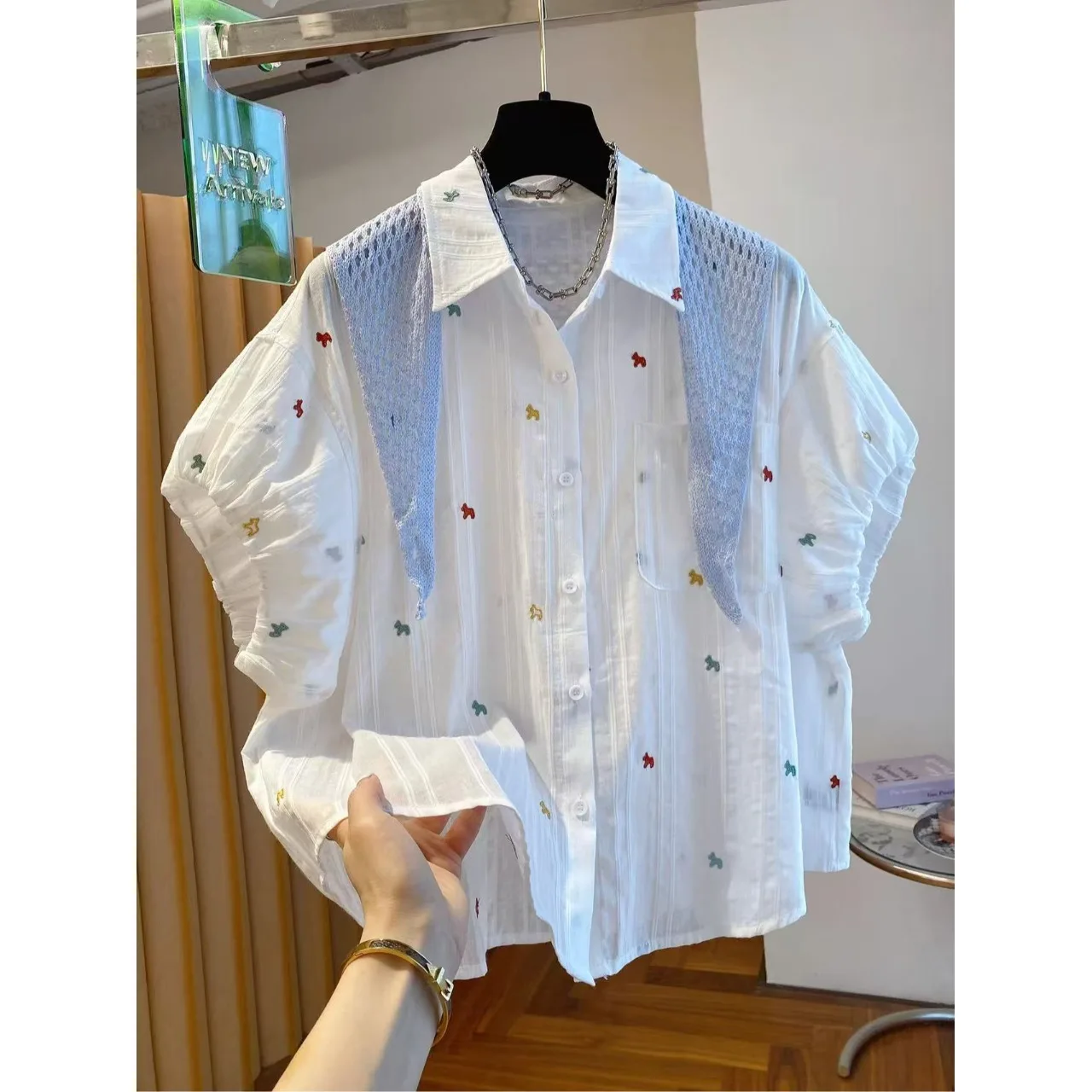

Elegant Embroidered Bloom Sleeve Shirt Women's Short Sleeve Loose Shoulder White Summer Top Breathable Comfortable Casual Shirt