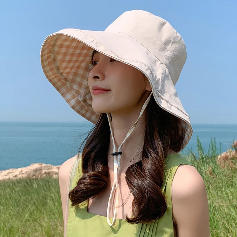 

Double-Sided Plaid Bucket Cap Women's Summer Large Brim Sun Hat Face Covering Trendy Korean Sle Foldable Sunshade Fisherman Hat