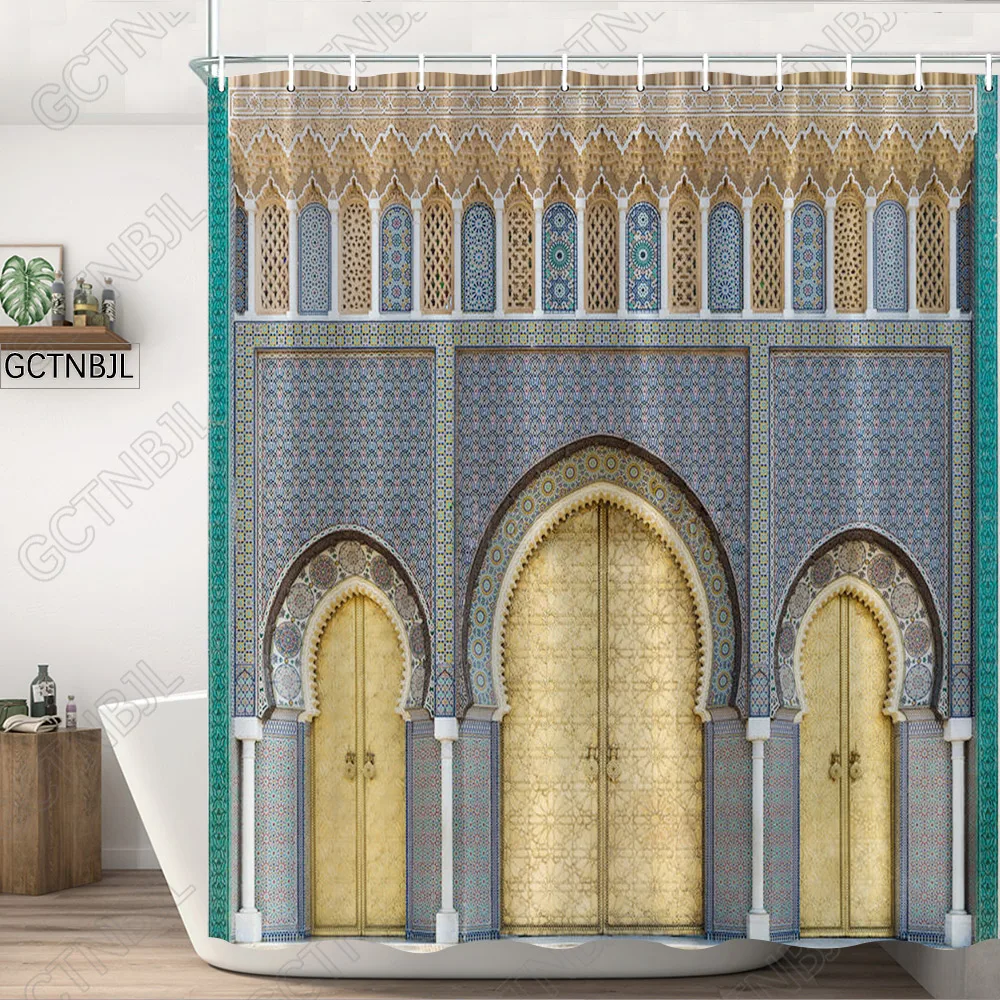 Moroccan Yellow Antique Arched Doors Shower Curtains Old Vintage Wooden Door Bathroom Waterproof Fabric Bath Curtains With Hooks