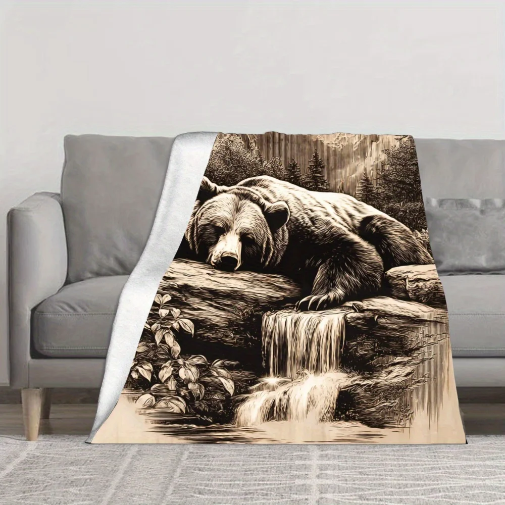 Black Bear Forest Waterfall Nature Scene Throw Blanket Cozy Woodland Animal Art Decor Gift