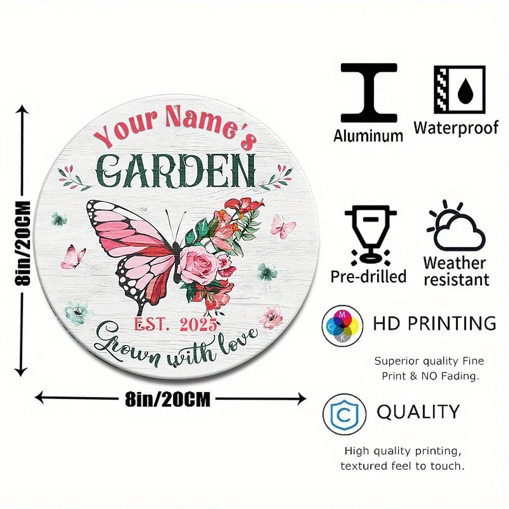 1pc Personalized 8x8 Round Aluminum Garden Sign - Your Name'S Garden with Butterfly & Flowers, Grown with Love Motif - Classic W