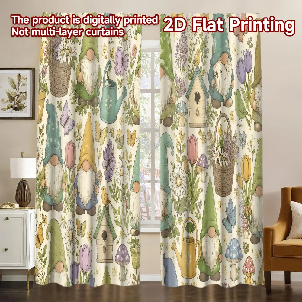 2D FLAT PRINTING 2pcs Curtains (Without Rod) Spring Garden Gnomes Popular Minimalist Curtains Versatile Polyester Fabric