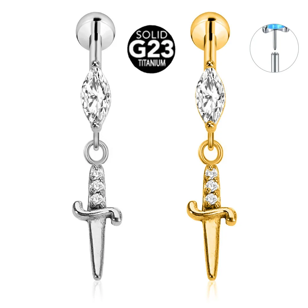 ASTM F136 G23 Titanium Dagger Stiletto Drop Labret Threadless Piercing CZ Pin Push in Lip Stud Daith Conch Earring 16G 18G 20G