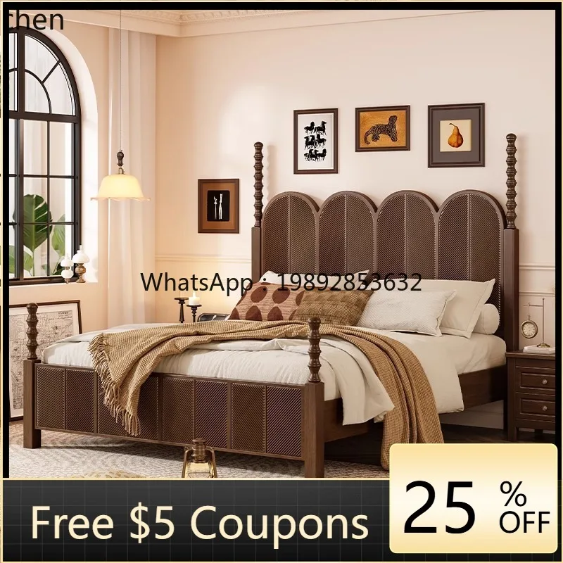 

Solid Wood Bed Modern Simple 1.5M 1.8M Double Bed Retro Master Bedroom High-End Elegant Wedding Bed