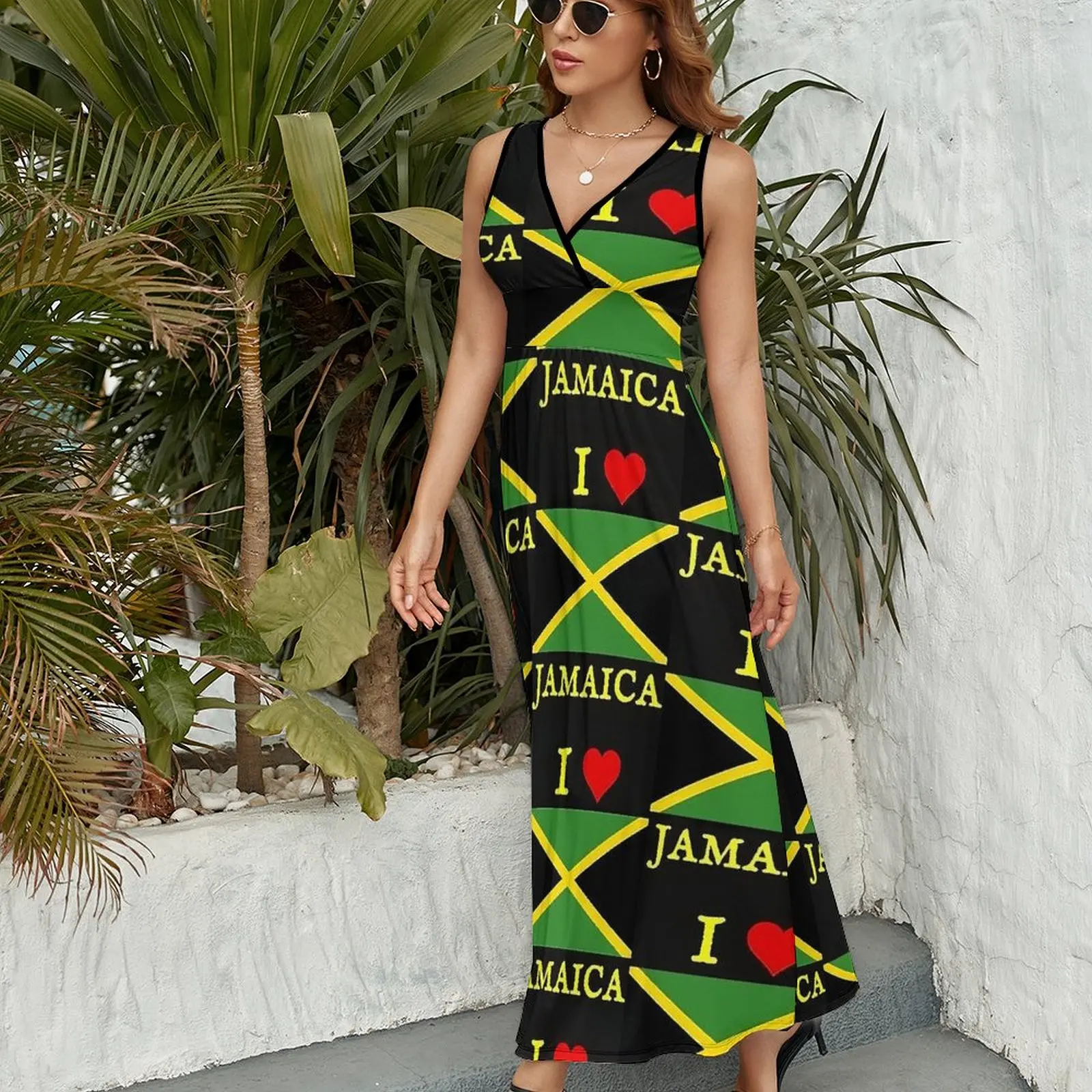 I Love Jamaica Dress Jamaican Flag Vintage Maxi ชุดความงามโบฮีเมียชุดยาวแขนกุดกราฟิกขนาดใหญ่ Vestidos