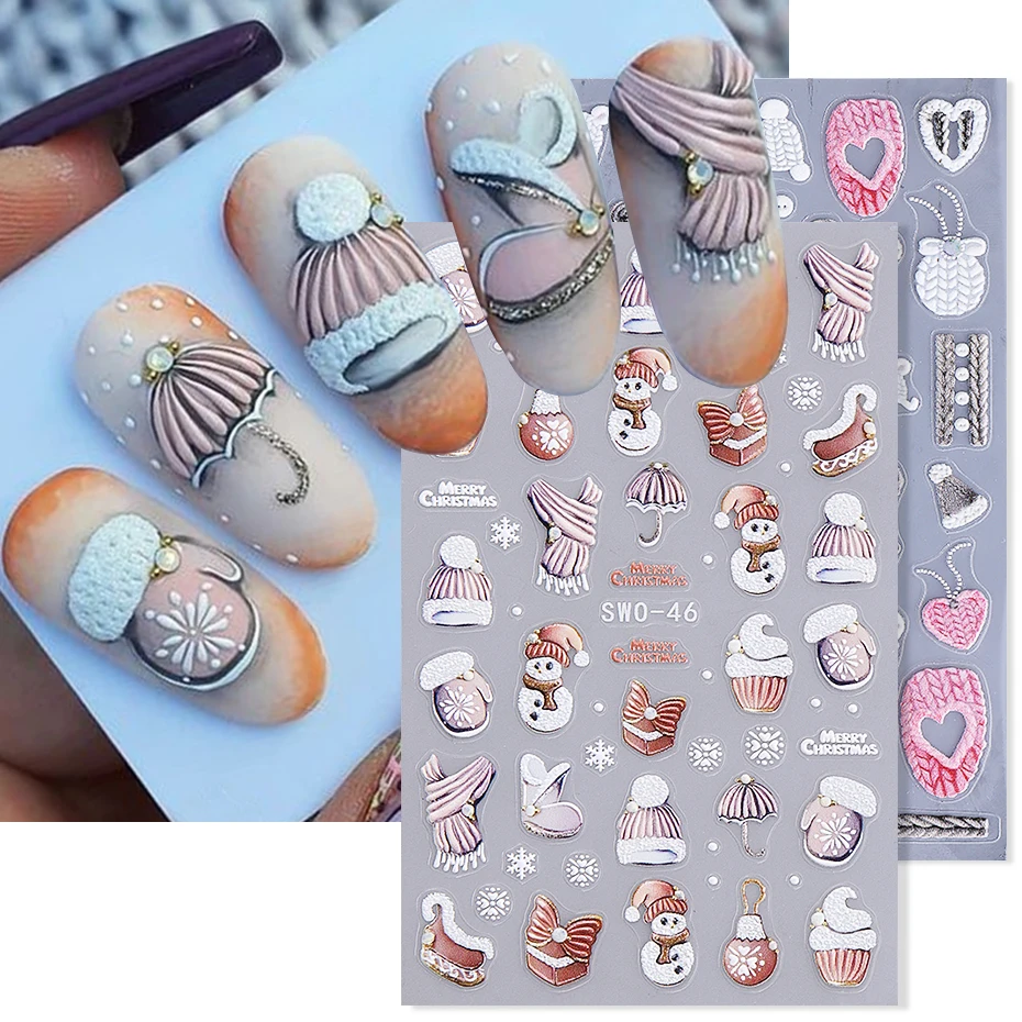 2 stücke Weihnachten Cartoon Nagel Aufkleber Winter Pullover Handschuhe Hut Schneemann Selbstklebende Slider Nagel Aufkleber Schneeflocke Maniküre Dekor