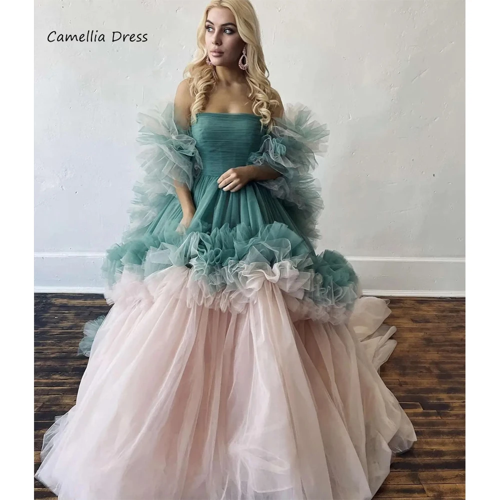 

Charming A Line Tiered Prom Dresses 2023 For Women Strapless Party Gown Tulle Pleat Evening Dress Robe De Soirée فستان سهرة