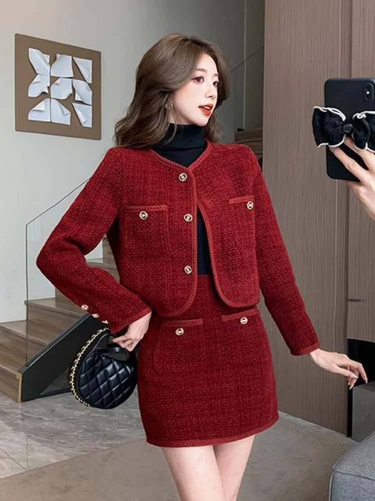 

Autumn Winter New Thicken Two-piece Set Small Fragrant Style Round Neck Red Jacket+A-line Short Skirt Elegant High-end Set