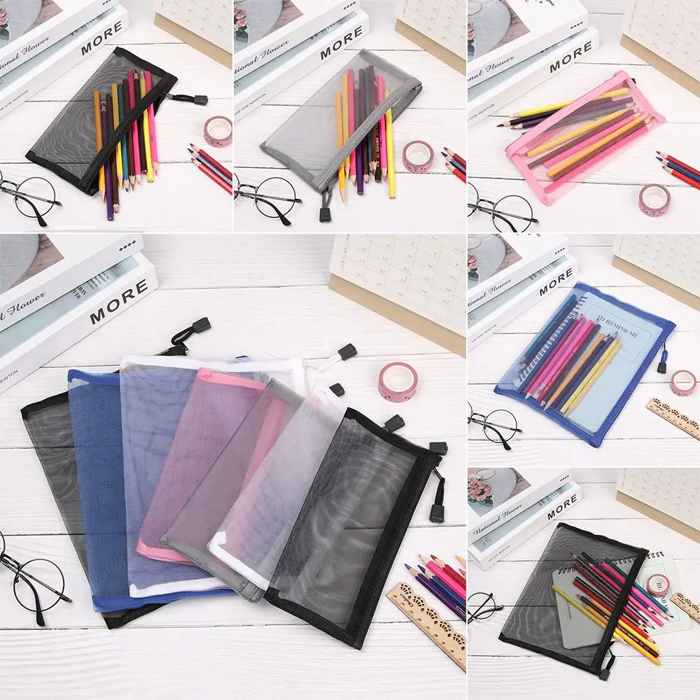 1pc Gifts Fashion Cosmetic Handbags Coin Purse Makeup Zipper Pencil Case Mesh Pen Bag Transparent Grid Cosmetic Storage