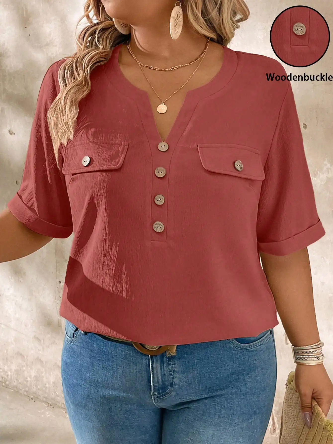 

Повседневная женская рубашка с коротким рукавом, воротником с вырезом и деревянными пуговицами