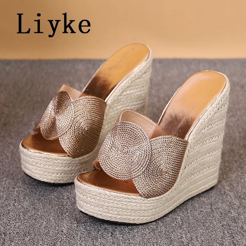 Liyke-Zapatillas con punta de plataforma abierta para mujer, Sandalias de tacón alto hechas a mano con tejido de cáñamo, a la moda, Verano