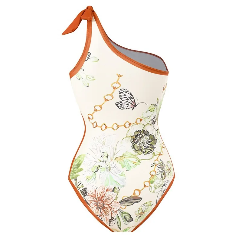 Traje de baño de una pieza estampado de nueva moda para mujer vestido de playa de gasa de un solo hombro Retro bikiniSuit