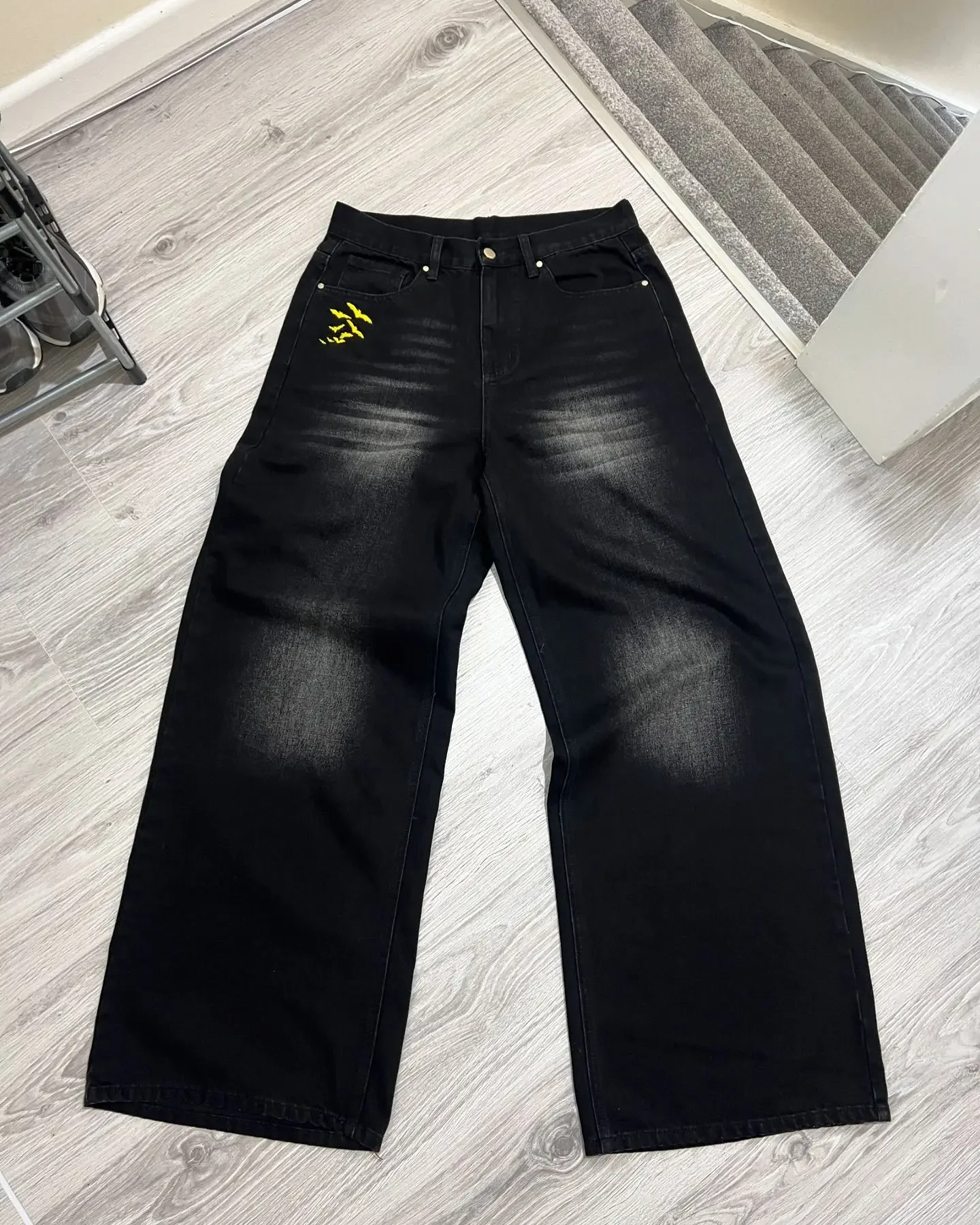 Trend Y2K Bat Animal Embroidery Baggy Jeans Vintage Men Black Washed Hip Hop Goth Denim Pants Fashion Straight Wide Leg Trousers