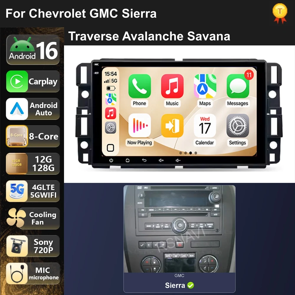 Car Radio Android 16 For Chevrolet GMC Sierra Traverse Avalanche Savana 2007-2014 carplay auto dsp bt 4g
