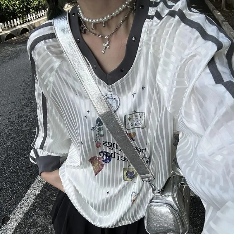 Y2K Aesthetic T-Shirts for Women Japanese Girls Loose Long Sleeve Tops Graphic Tees Retro Streetwear Harajuku Oversize Clothes