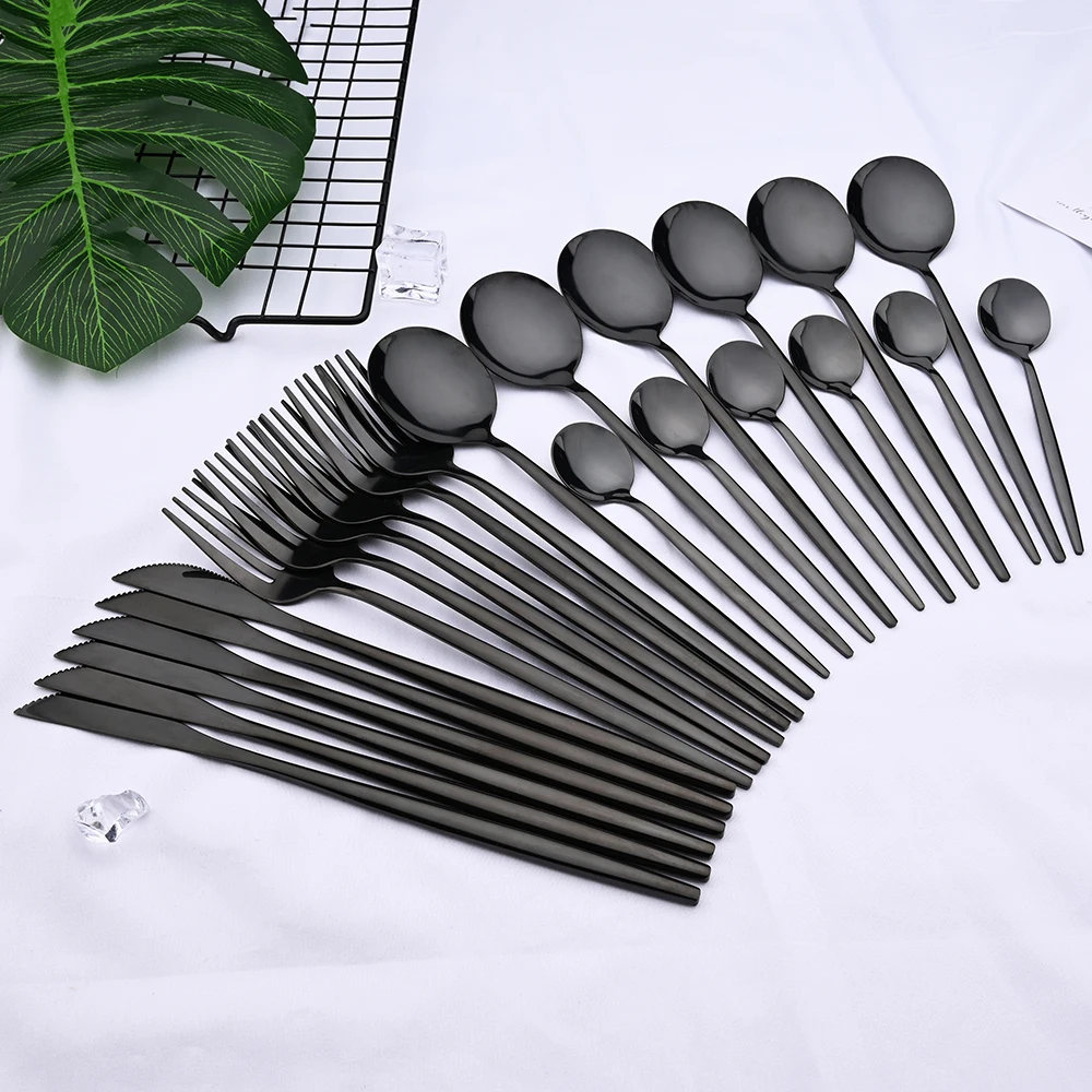 24Pcs/Set Black Cutlery Sets Stainless Steel Mirror Tableware Knife Forks Spoons Silverware Dinnerware Kitchen Flatware Gift Box