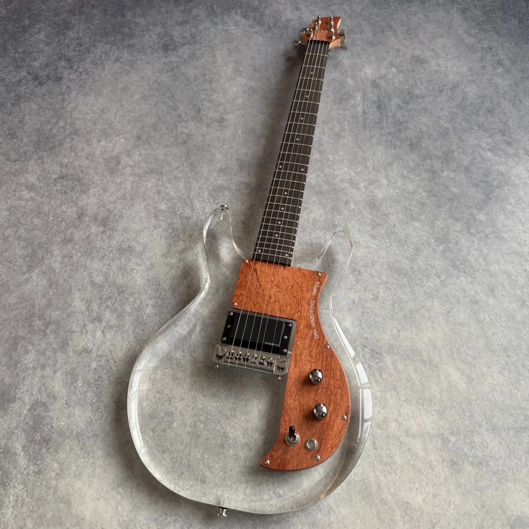 6 String Acrylic Clear Body Electric Guitar, Wood Control Plate, Single Humbucker Pickup, Chrome Hardware for Stage Performance