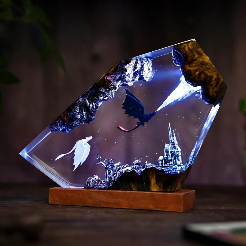 

Resin Lamp Dragon Inspired Glowing Epoxy LED Black White Table Decor Home Display For Teens Kids Halloween Gift