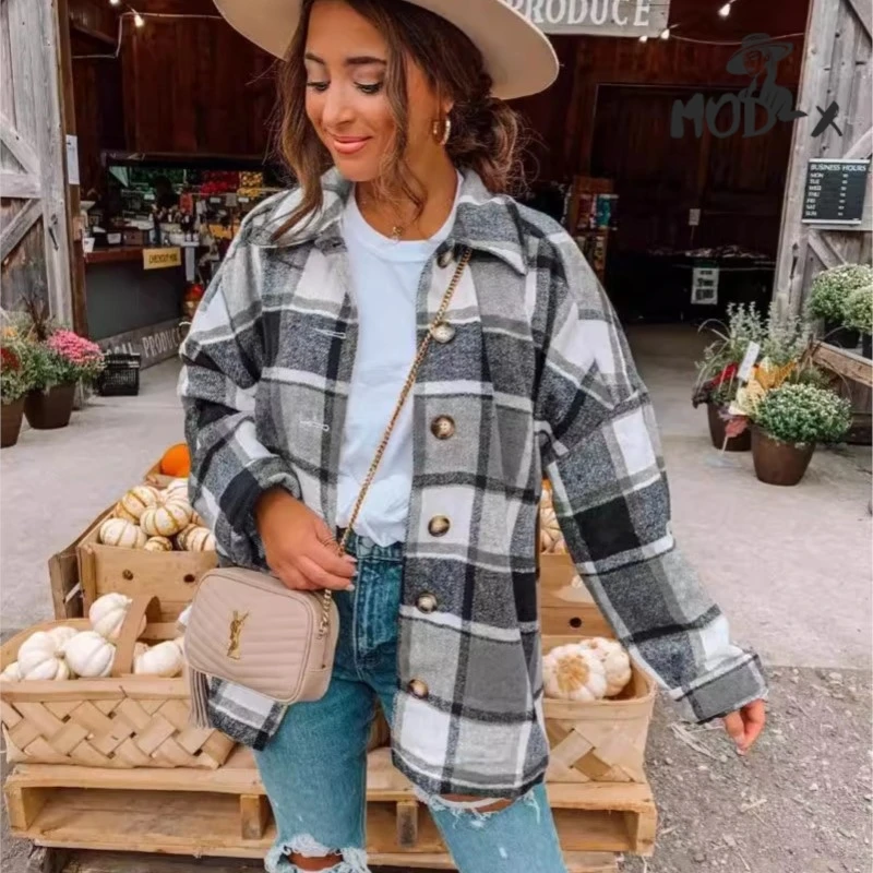 MODX 2024 Europe And The United States Explosive Amazon Autumn And Winter New Fashion Large Plaid Shirt Women's Woolen Coat