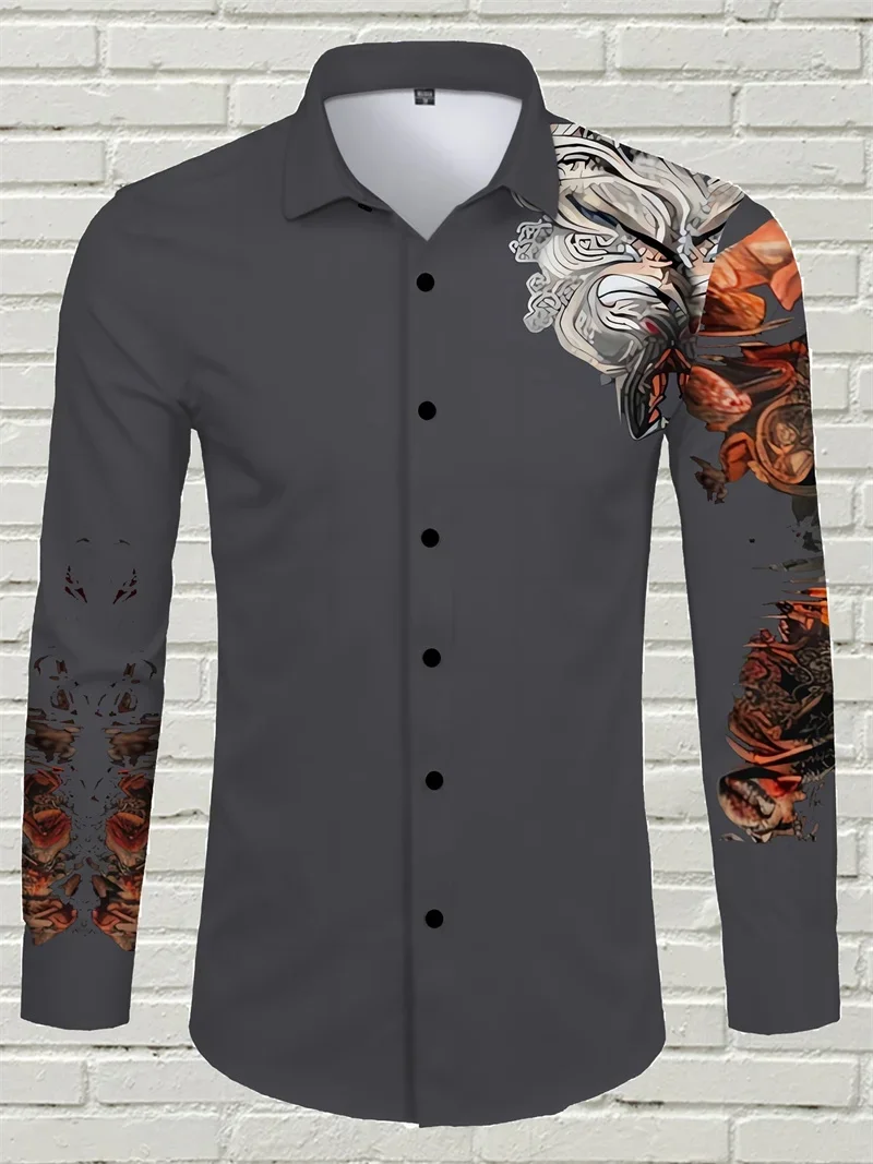 Men's Long-sleeved Lapel Buttons Natural Texture 3D Printing Slim Fit Regular Style Simple Business Casual Shirt Men Outdoor