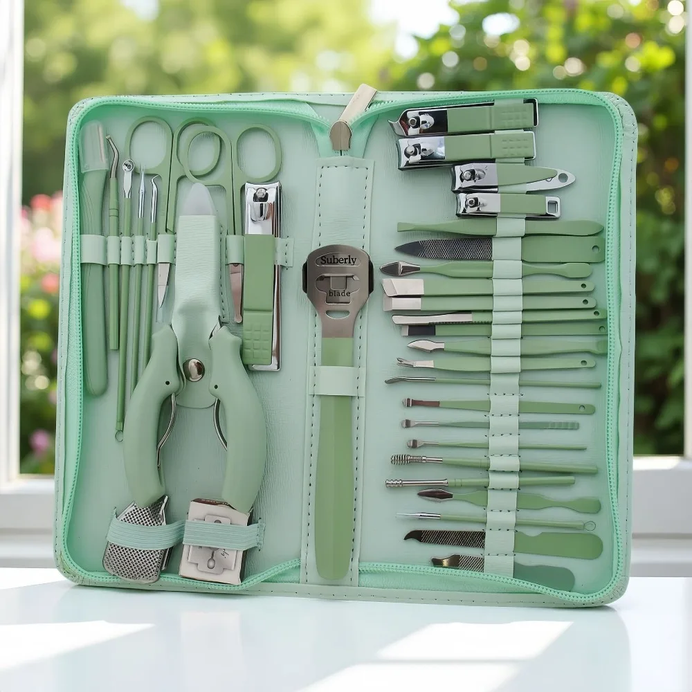 طقم ماكينة قص الأظافر من الفولاذ المقاوم للصدأ مع حقيبة تخزين، مجموعة أدوات العناية بالأظافر الخضراء المتينة، أداة احترافية للعناية بالأظافر لصالونات الأظافر