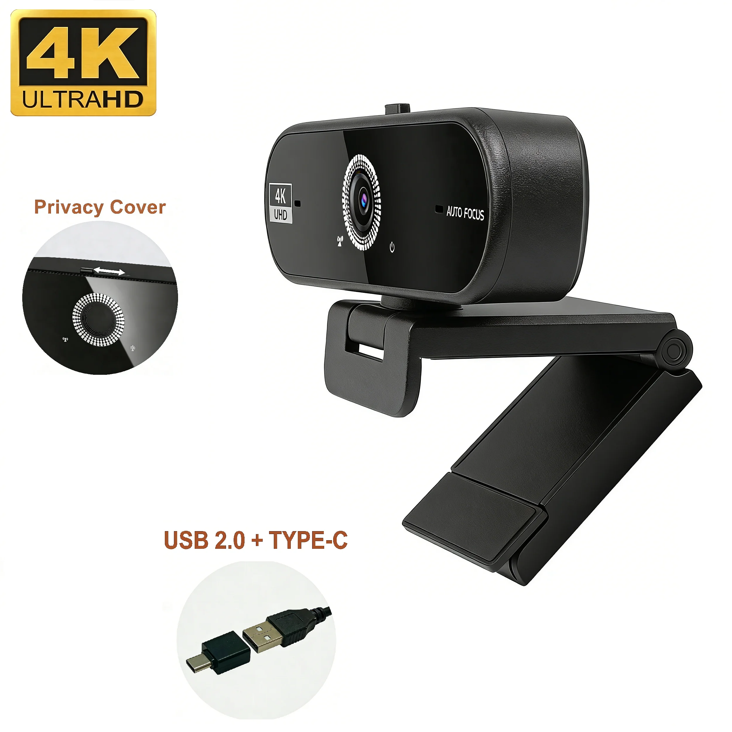 JETO 4K UHD Webcam 8MP for PC Auto Focus Dual AI Noise Cancelling Mics Web Cam Camera Type-C Adapter for Zoom/Teams/Google Meet