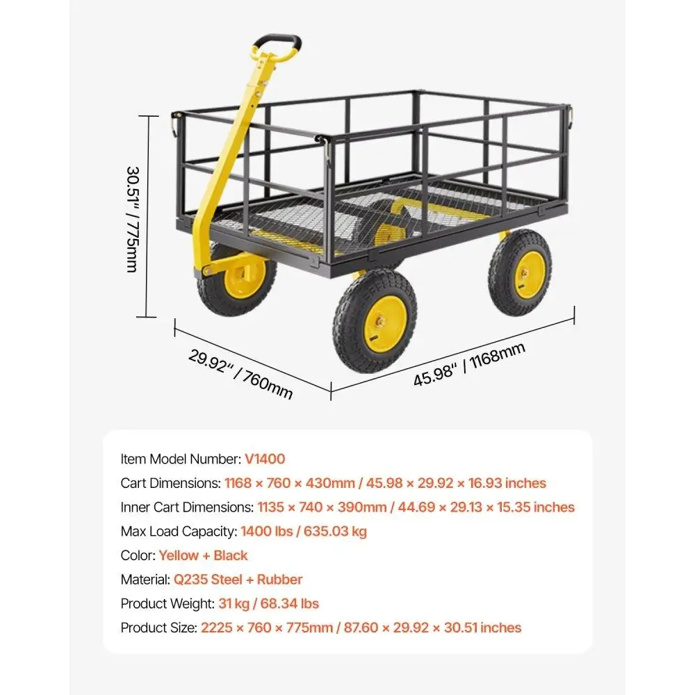 Carrello da giardino in acciaio resistente da 1400 libbre con pneumatici per tutti i terreni, lati in rete rimovibili e maniglia girevole a 180 gradi