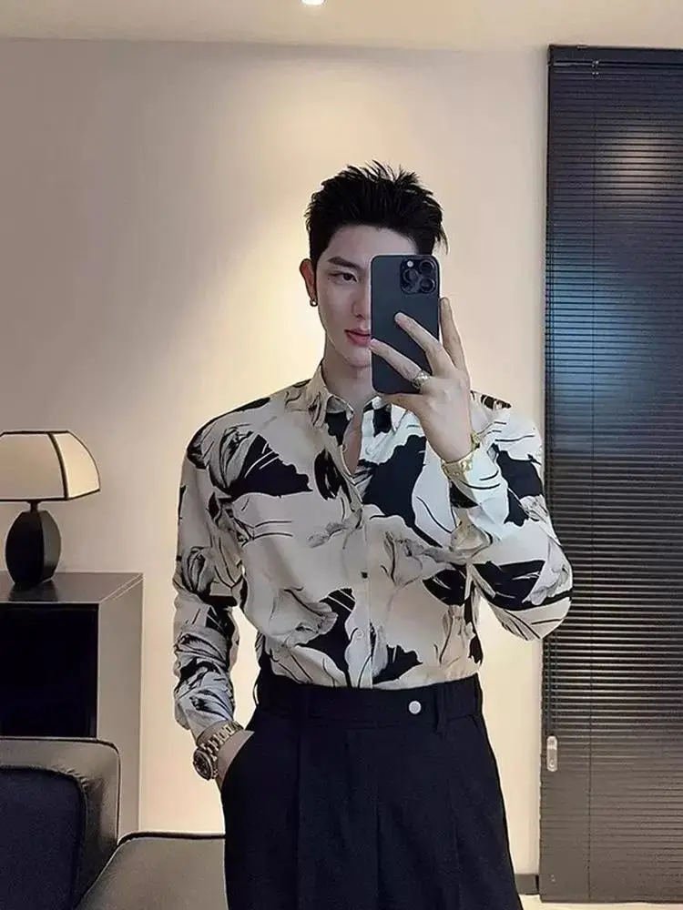 Early Autumn New 2025 Men's Printed Shirt Without Ironing British Long-sleeved Thin Style Trendy Casual