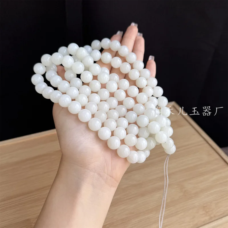 Hetian 12Mm 108 Necklace, Sheep Fat White Jade Round Beads Multi-Loop Bracelet Bead Chain
