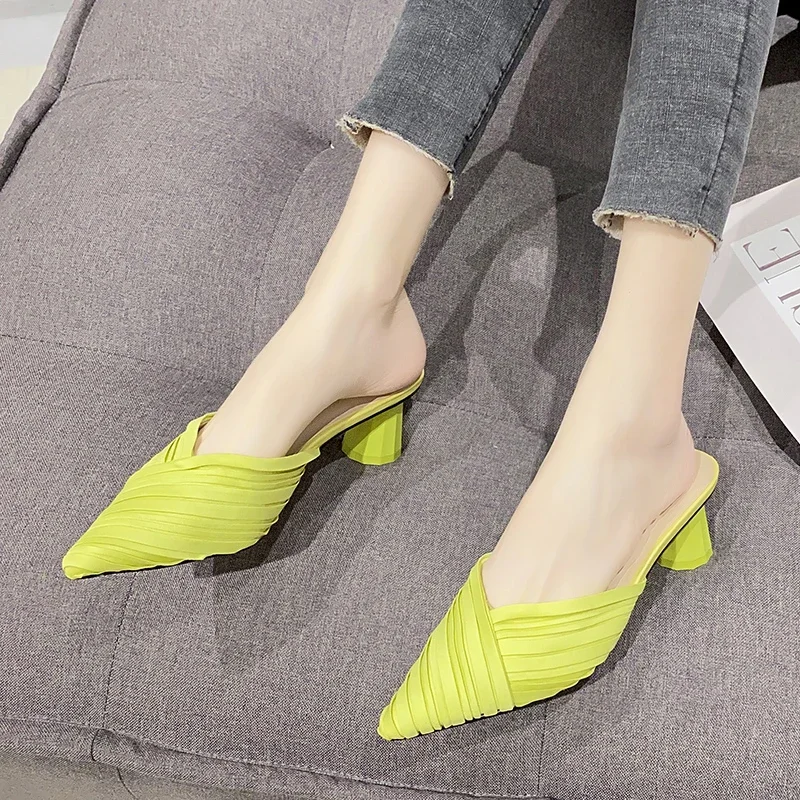 2024 Hot Sale Women's Shoes Baotou Women's Slippers Fashion Shallow Dress Slippers Women Sexy Pointed Toe Solid Heels Women