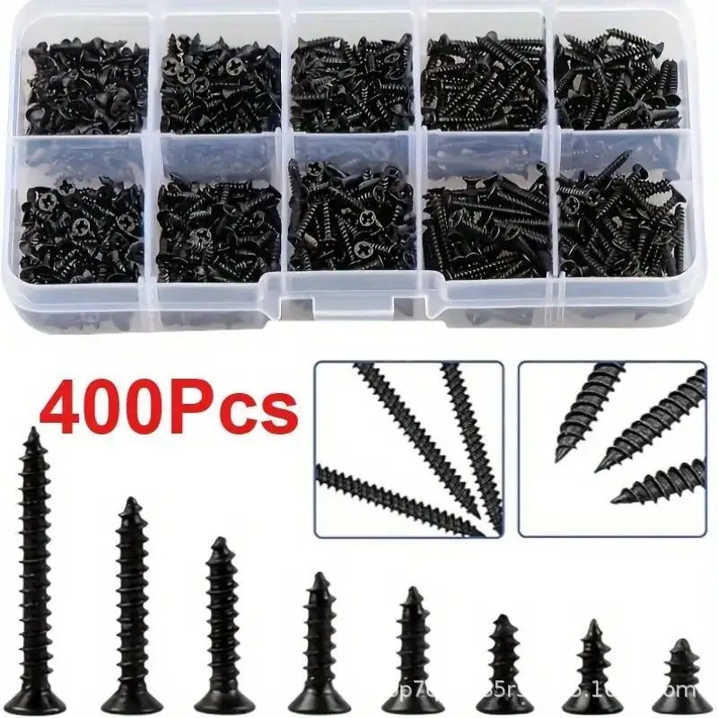 400/800PCS/1 Juego M2 Kit surtido de tornillos autorroscantes negros Tornillos de bloqueo y tornillos para madera