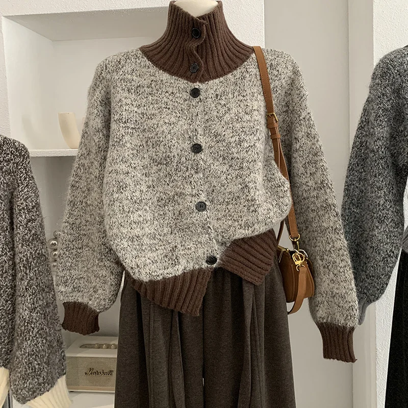 

Женский кардиган с высоким воротником в стиле ретро, цвет Blo Long Sve, джемпер на пуговицах с цветочным узором, ленивый свитер, Thiened, новинка зимы...