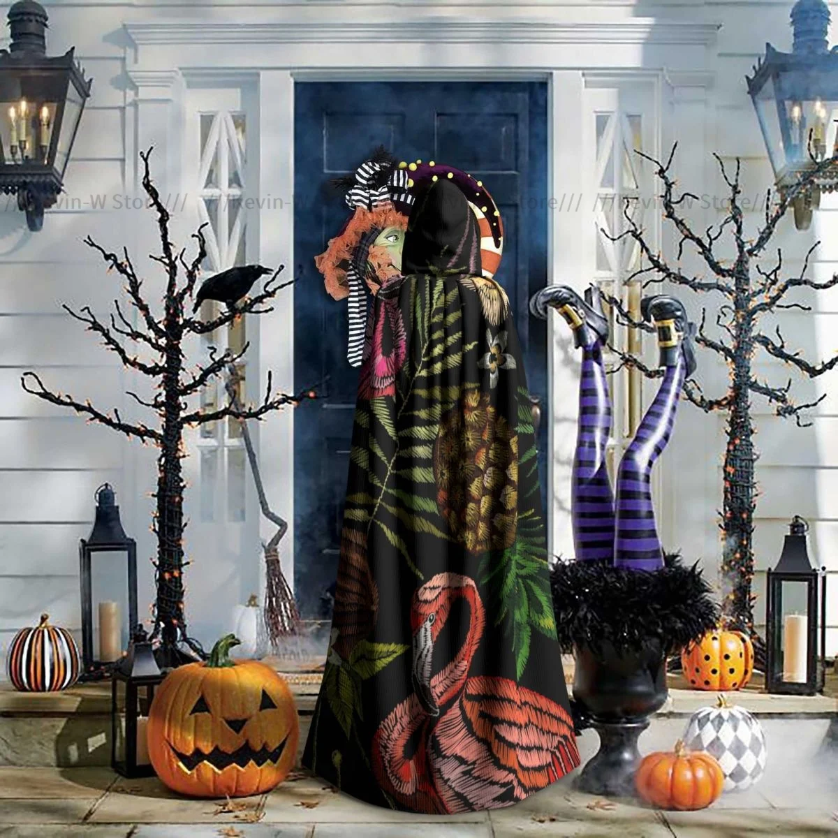 Unisex Witch Party Reversible Hooded Adult Vampires Cape Cloak Embroidery Tropical Flamingo Palm Tree Leaves Pineapple Coconut view 5