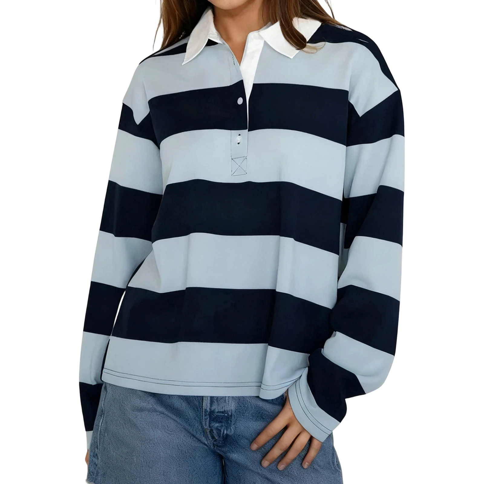 

Womens Striped Sweatshirt Long Sleeve Lapel Collar Upper Button Casual Loose Pullover Fall Tops