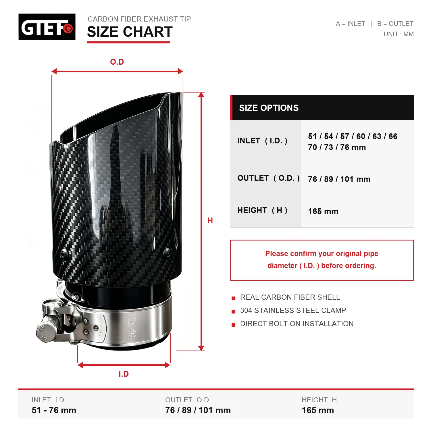 GTEFO One Piece Glossy Black Carbon Fiber Stainless Steel Performance Exhaust Muffler Tip