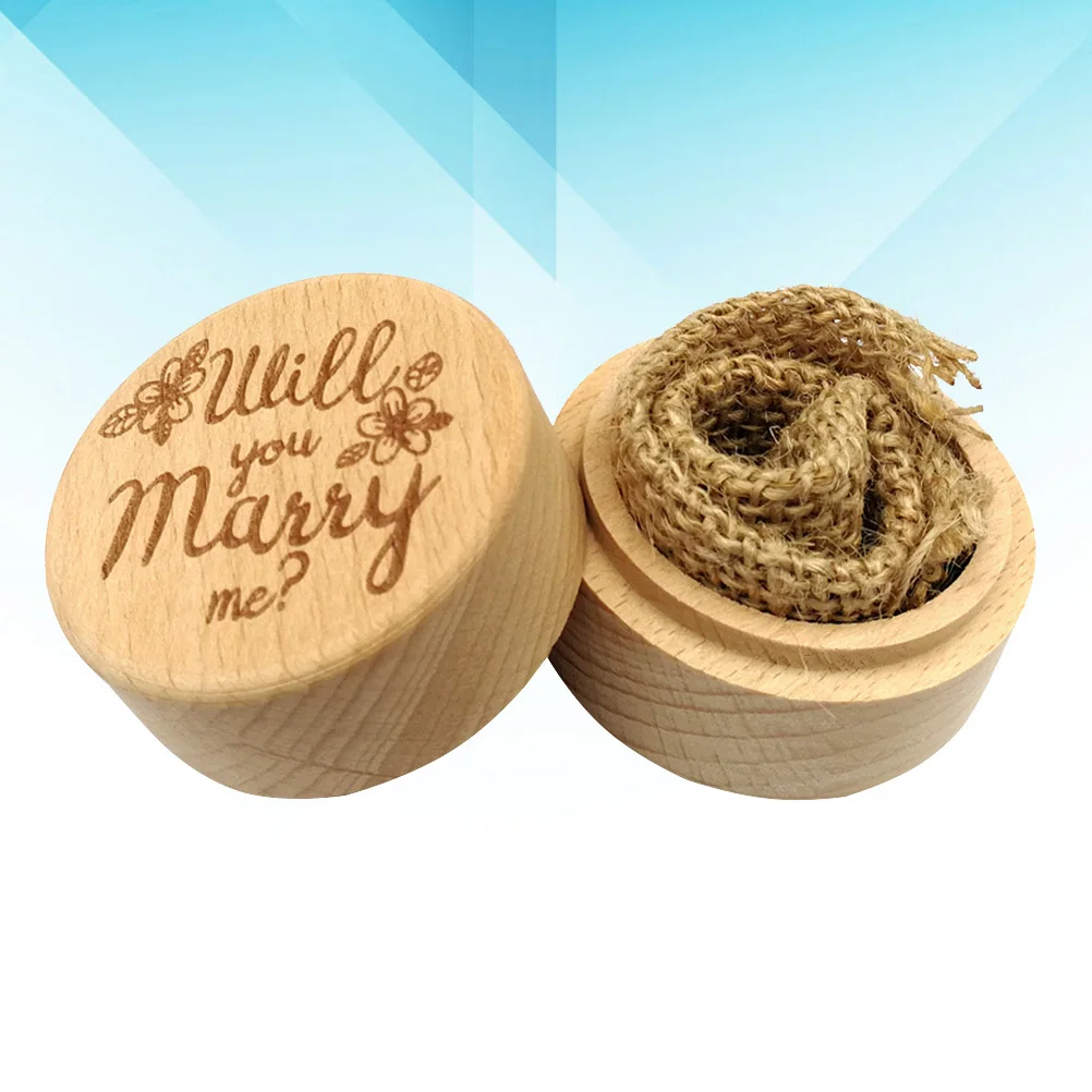 

Rustic Wooden Ring Box Vintage Round Wedding Engagement Proposal Ring Holder with Romantic Will You Marry Me Message Small