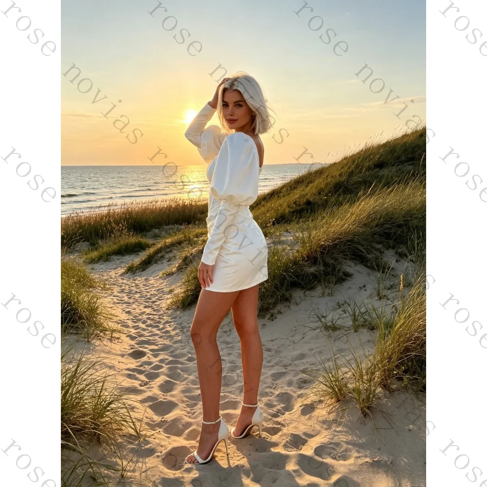Customized Square Neck Bubble Sleeves Satin Mini Wedding Dresses 2026 High Waisted Slit Short Bridal Gown Suitable for Parties