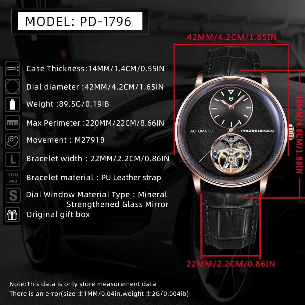 파가니 디자인 2025 신제품 42MM 투르비옹 멀티 타임존 럭셔리 남성 시계 야광 1 남성용 오토매틱 기계식 시계 PD-1796