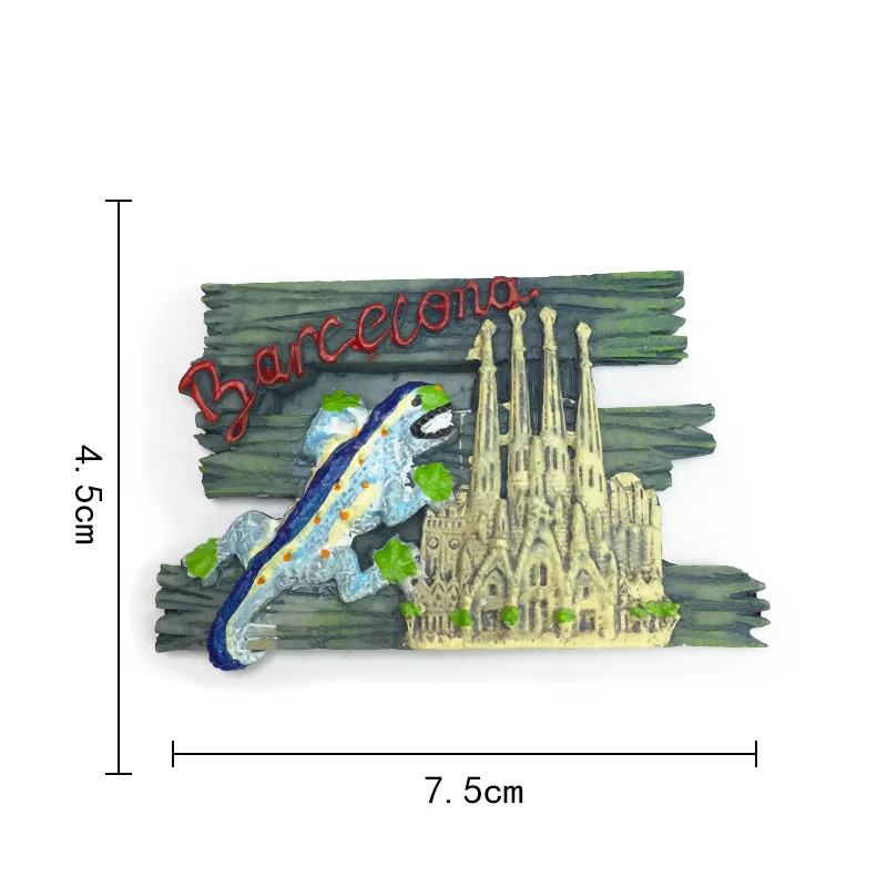 مشهد برشلونة مع ساجرادا فاميليا وسحلية - تذكار إسبانيا - مغناطيس ثلاجة من الراتنج ثلاثي الأبعاد - ديكور منزلي مثالي