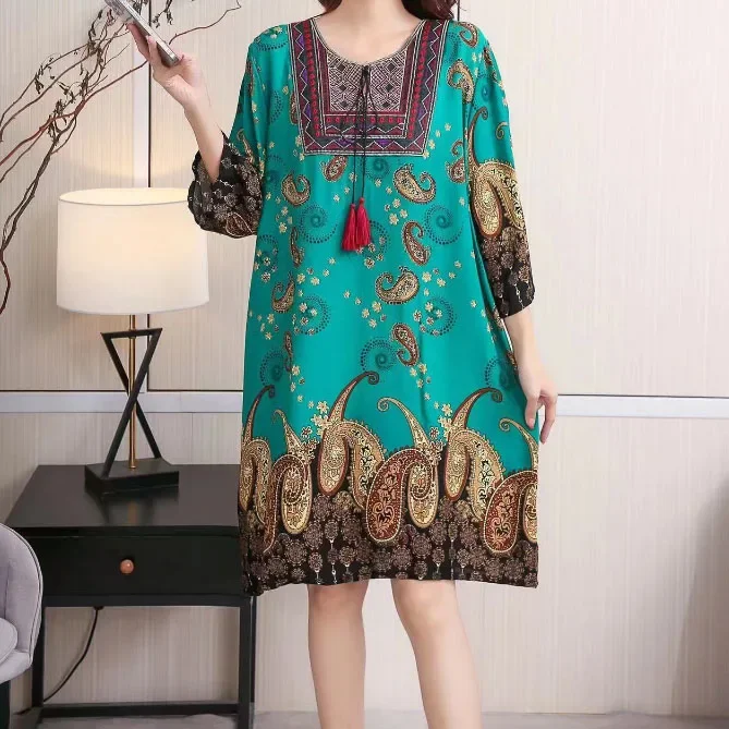 Indian Short Dress Women Midi Print Floral Casual Oversize Bohemian Loose Embroidered Flowers Round Neck Beach Holiday Vestidos