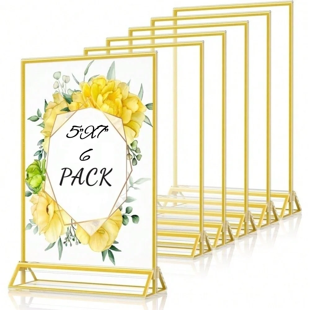 6 Pack 5x7 Acrylic Sign Holders Double Sided Gold Frame Clear Plastic Picture Frames Vertical Table Menu Display Stands for Wedd