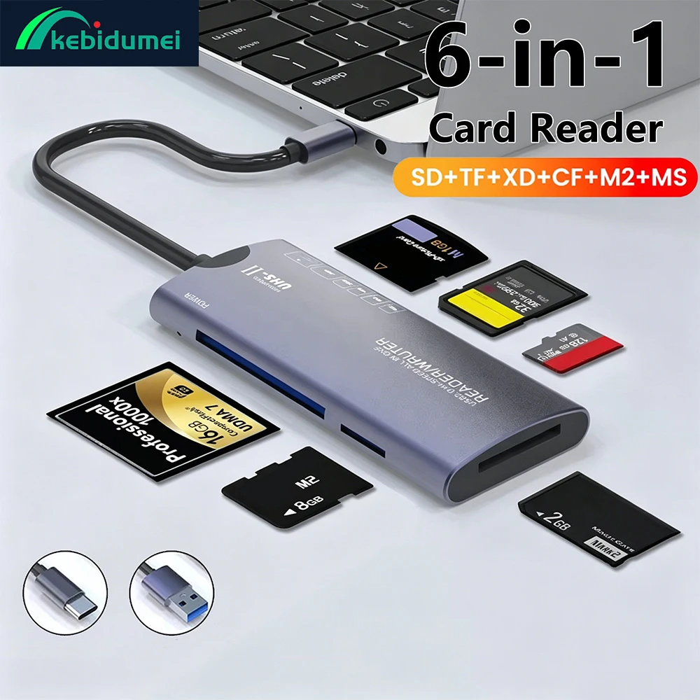 Kebidumei 6-in-1-Kartenleser SD TF XD CF M2 Speicherkartenleser USB-Adapter Typ C Hochgeschwindigkeits-Datenübertragungskartenleser für Laptop