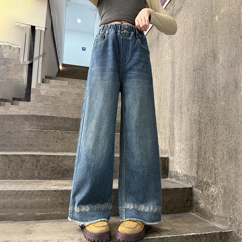 

Junior Girls Pant Autumn Korean Flower Embroidery Children Girls Trousers Elastic Waist Loose Teenager Girls Straight Leg Pant