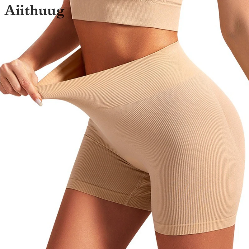 Aiithuug Thread Widen Waistband Yoga Leggings Scrunch Butt Tummy Control Seamless Pants Women's High Elasticity Sports Shorts