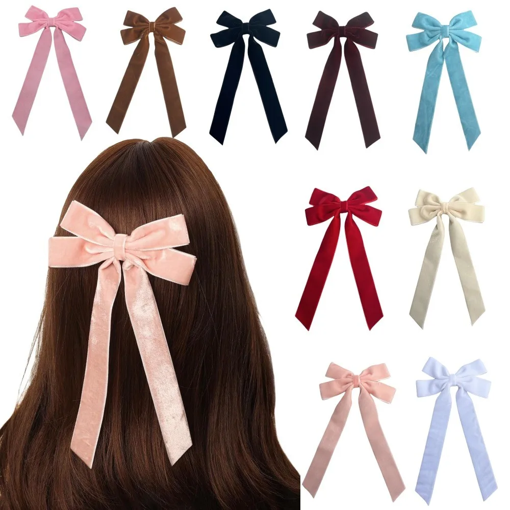 

New Cute Solid Color Long Tassel Ribbon Bow Hair Clips Women's Hair Accessories Long Tails Velvet Bow Hairpins Girls Side Clips