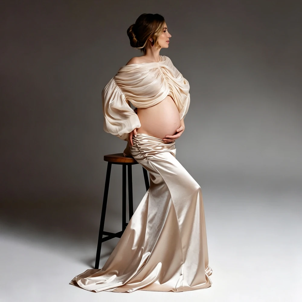 Maternity Photography Props Champagne Satin Gown Pregnancy Photo Shoot Outfit Ruched Studio Posing Clothing For Photoshoot