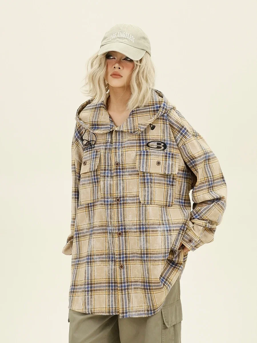 Plaid Hooded Long-sleeved Shirts 2024 Autumn New Loose Bf American College Style Couple Top Women