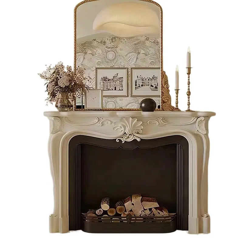 French Retro Carved Solid Wood Fireplace Cabinet, Light Luxury Living Room Decorative Fireplace Rack, Villa Entrance