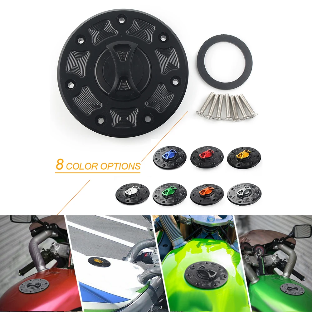 CNC Aluminum Motorcycle Fuel Gas Tank Cap Cover For Kawasaki ZX9R ZX6R ZX-7 ZRX-1100 ZXR-250 GPZ500 ZRX-1200 etc.